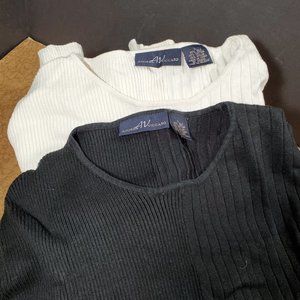 2 Women's Knit Tops ANDREA VICCARO LARGE White Plus Black Long Sleeve EZ Blended